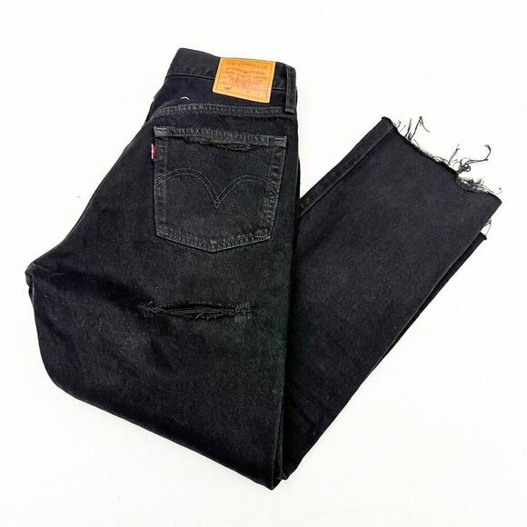 Levi's 501 Ripped Black Denim Jeans Button Fly Raw Hem Size 27 x 26 - Picture 9 of 9